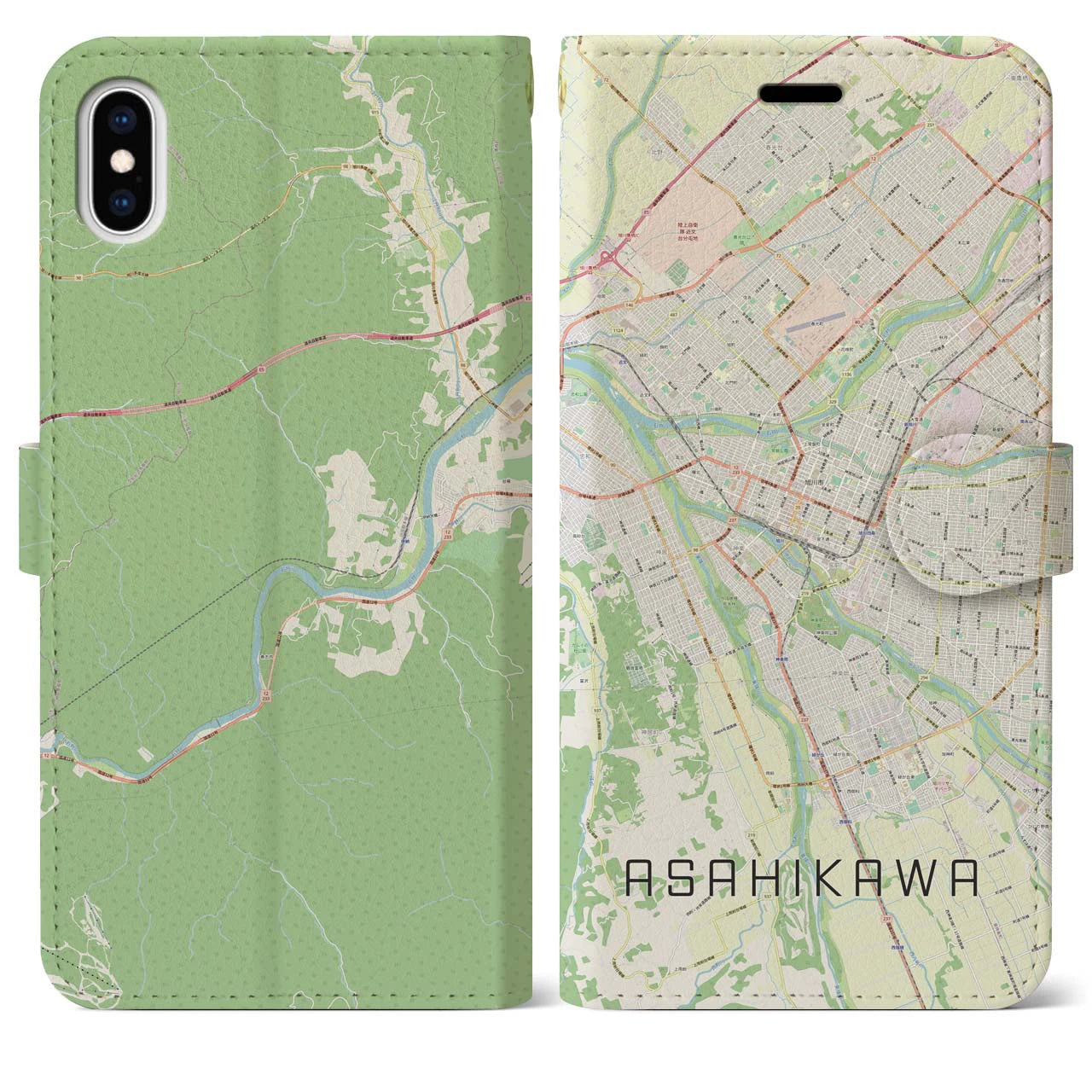 【旭川(北海道)】地図柄iPhoneケース(手帳タイプ)ナチュラル・iPhone XS Max 用