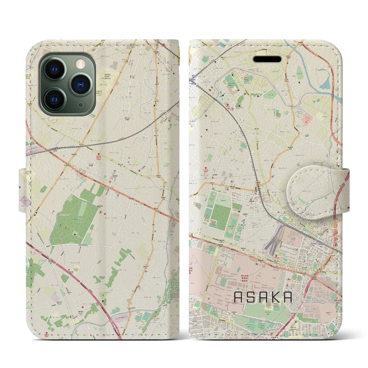 【朝霞(埼玉県)】地図柄iPhoneケース(手帳タイプ)ナチュラル・iPhone 11 Pro 用