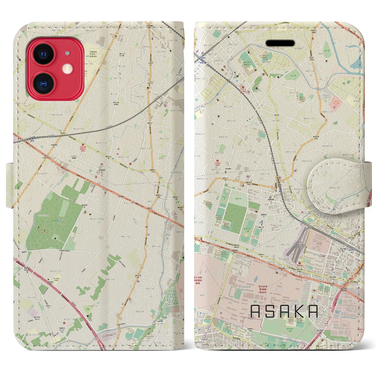 【朝霞(埼玉県)】地図柄iPhoneケース(手帳タイプ)ナチュラル・iPhone 11 用
