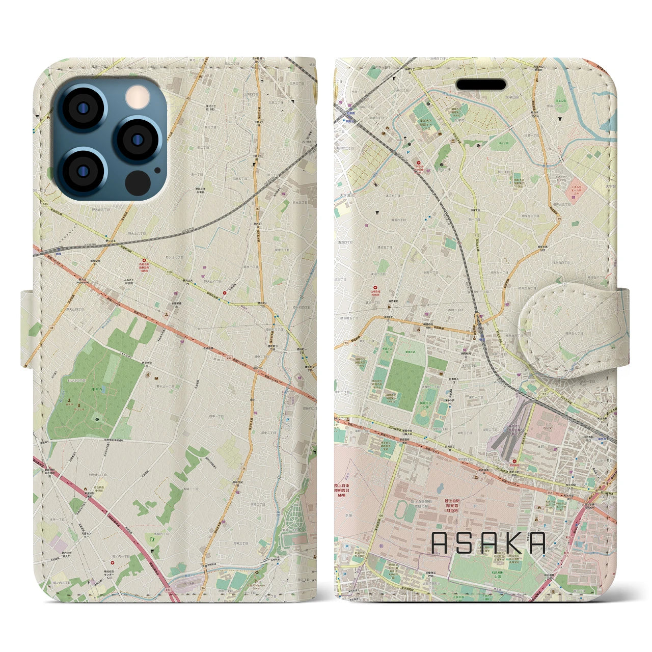 【朝霞(埼玉県)】地図柄iPhoneケース(手帳タイプ)ナチュラル・iPhone 12 / 12 Pro 用
