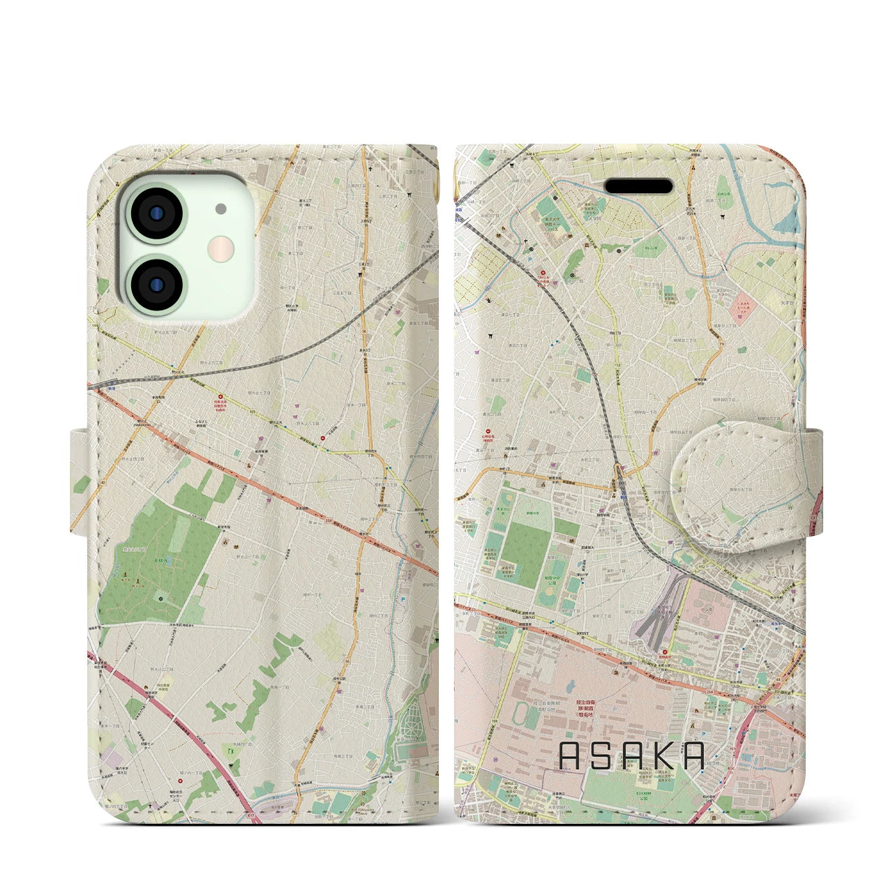 【朝霞(埼玉県)】地図柄iPhoneケース(手帳タイプ)ナチュラル・iPhone 12 mini 用