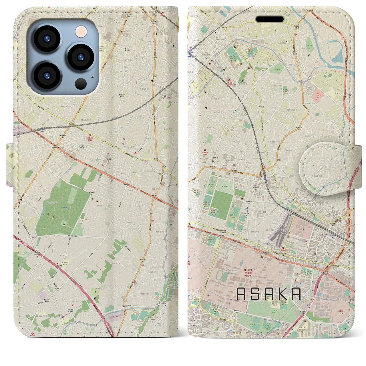 【朝霞(埼玉県)】地図柄iPhoneケース(手帳タイプ)ナチュラル・iPhone 13 Pro Max 用