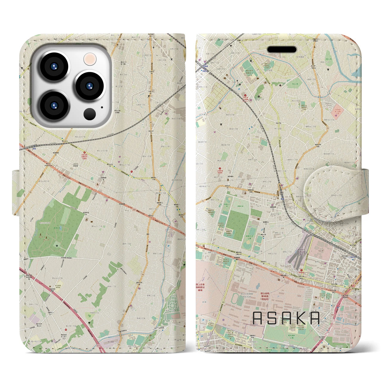 【朝霞(埼玉県)】地図柄iPhoneケース(手帳タイプ)ナチュラル・iPhone 13 Pro 用