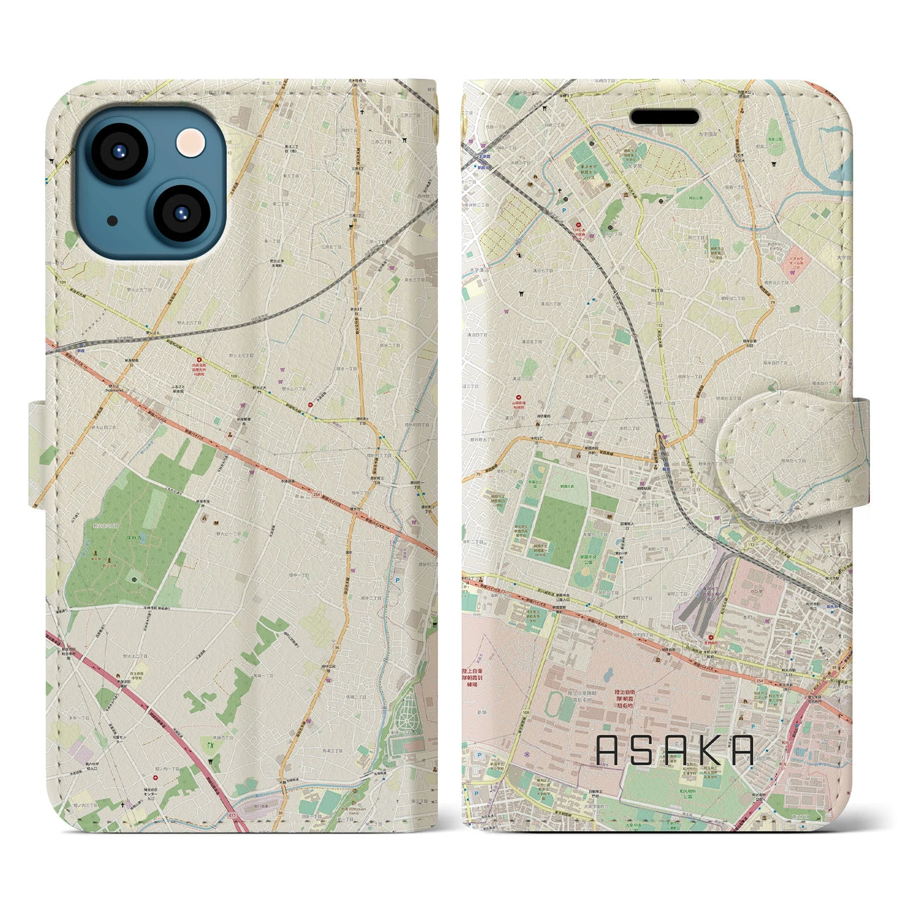 【朝霞(埼玉県)】地図柄iPhoneケース(手帳タイプ)ナチュラル・iPhone 13 用