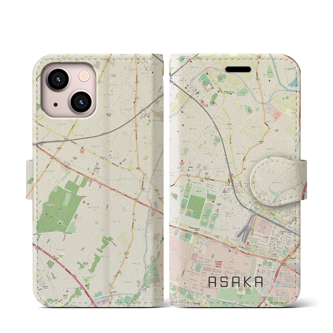 【朝霞(埼玉県)】地図柄iPhoneケース(手帳タイプ)ナチュラル・iPhone 13 mini 用