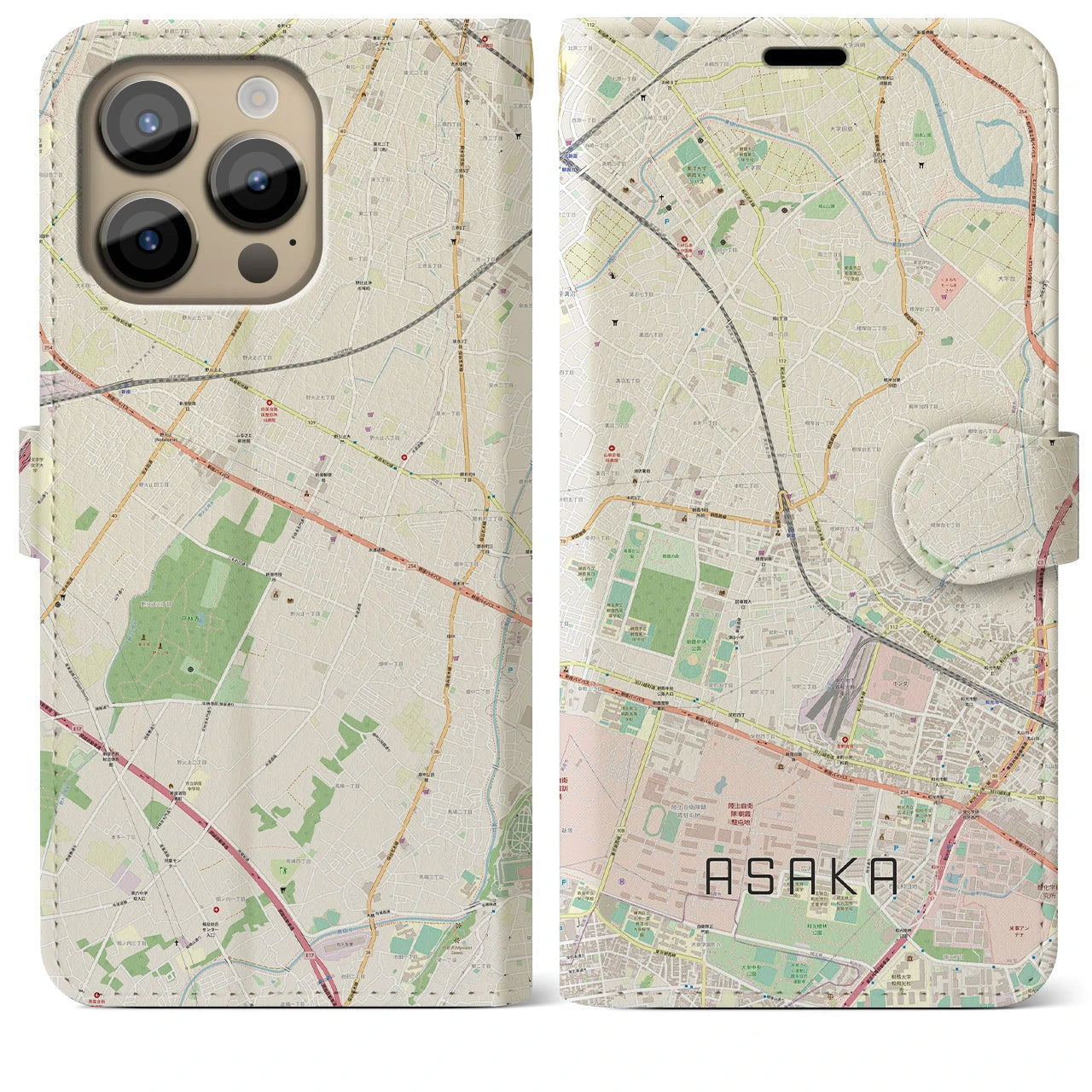 【朝霞(埼玉県)】地図柄iPhoneケース(手帳タイプ)ナチュラル・iPhone 14 Pro Max 用