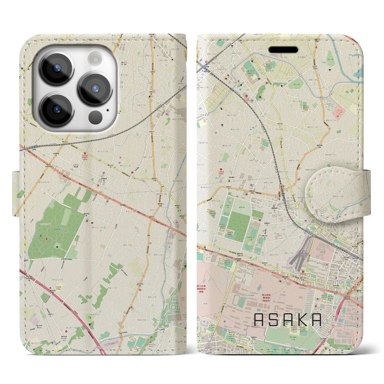 【朝霞(埼玉県)】地図柄iPhoneケース(手帳タイプ)ナチュラル・iPhone 14 Pro 用