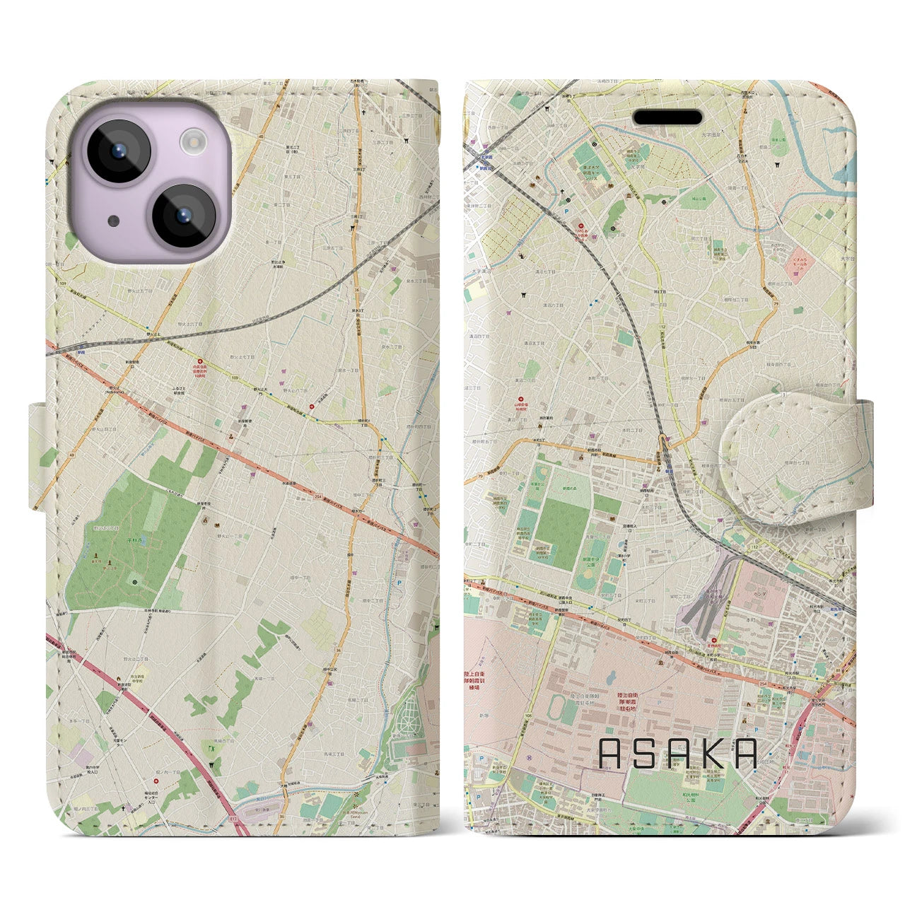 【朝霞(埼玉県)】地図柄iPhoneケース(手帳タイプ)ナチュラル・iPhone 14 用