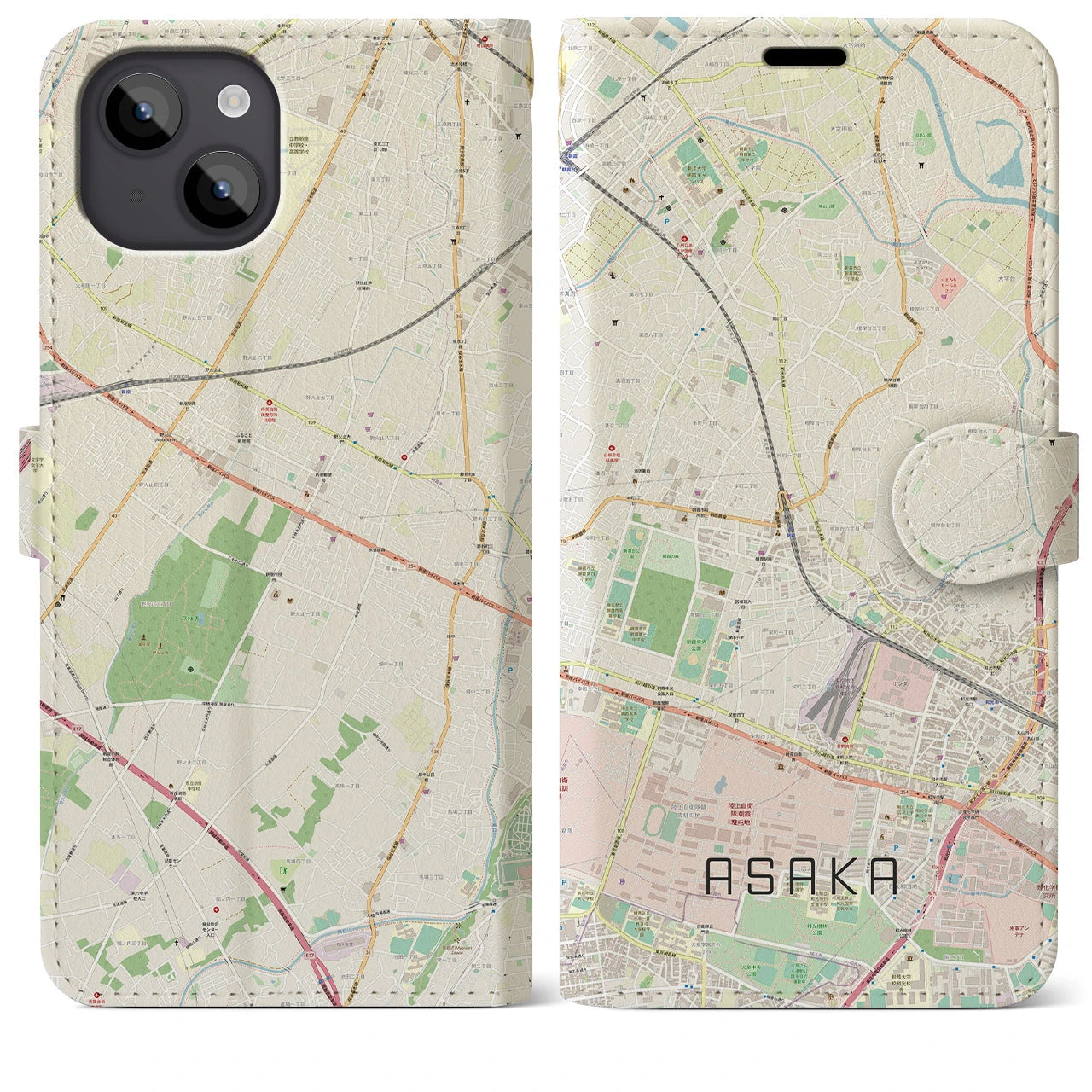 【朝霞(埼玉県)】地図柄iPhoneケース(手帳タイプ)ナチュラル・iPhone 14 Plus 用