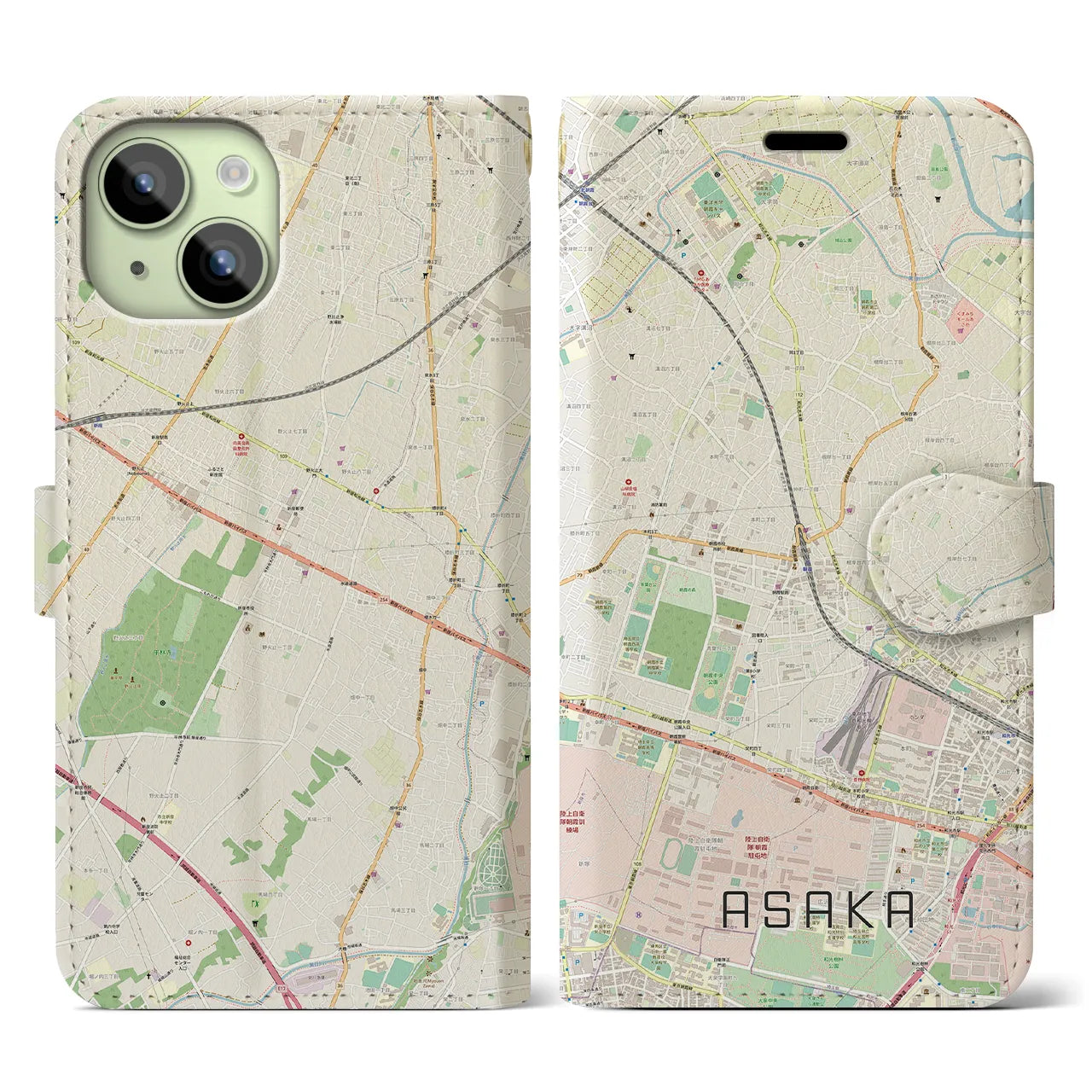 【朝霞(埼玉県)】地図柄iPhoneケース(手帳タイプ)ナチュラル・iPhone 15 用