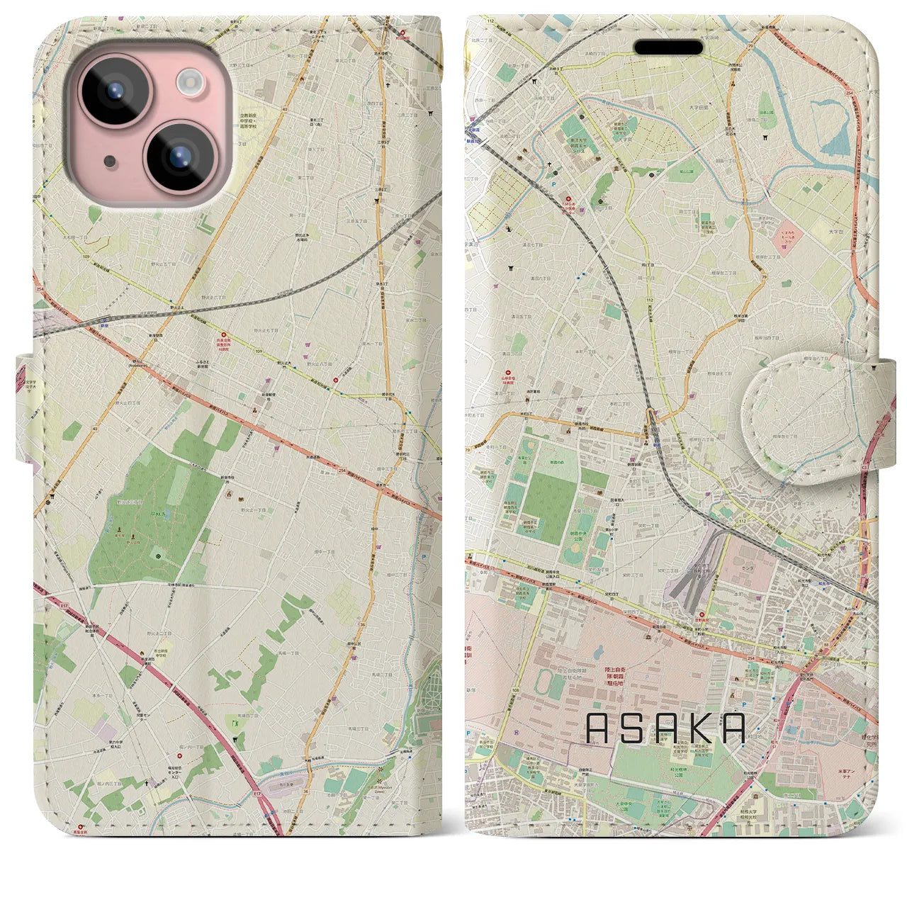 【朝霞(埼玉県)】地図柄iPhoneケース(手帳タイプ)ナチュラル・iPhone 15 Plus 用