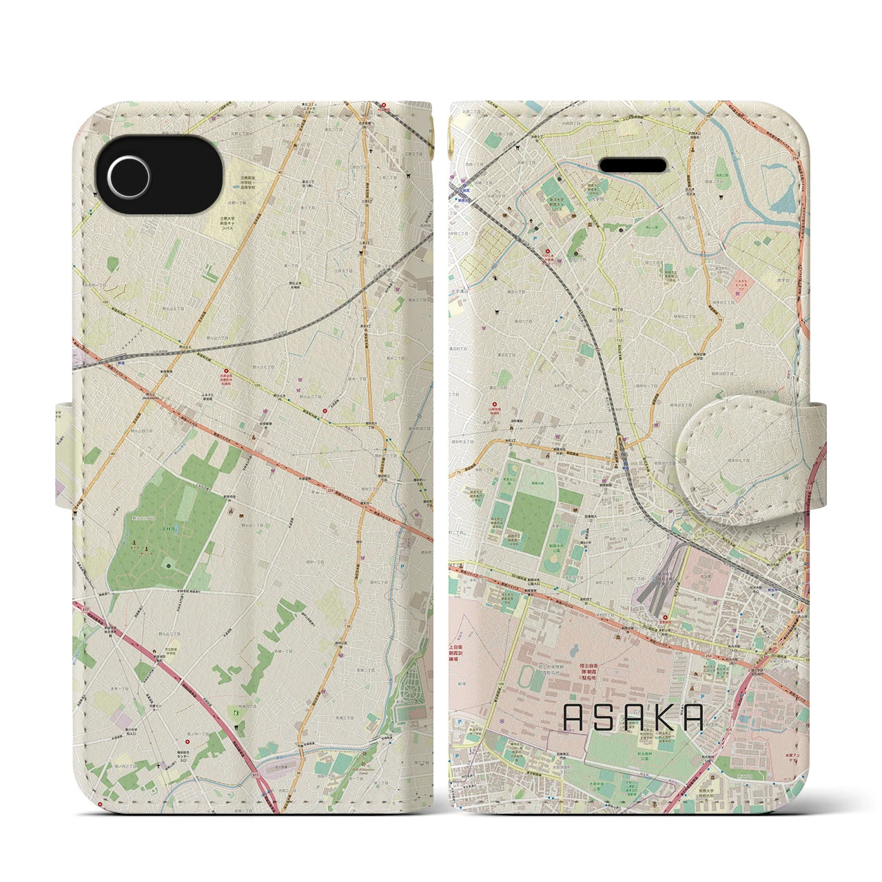 【朝霞(埼玉県)】地図柄iPhoneケース(手帳タイプ)ナチュラル・iPhone SE(第3 / 第2世代) / 8 / 7 / 6s / 6 用