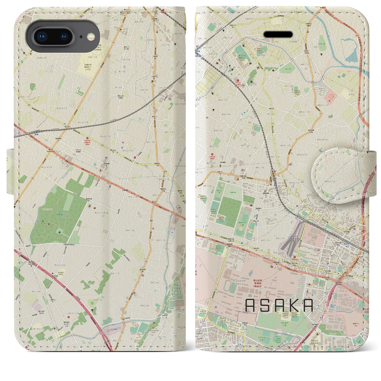 【朝霞(埼玉県)】地図柄iPhoneケース(手帳タイプ)ナチュラル・iPhone 8Plus /7Plus / 6sPlus / 6Plus 用