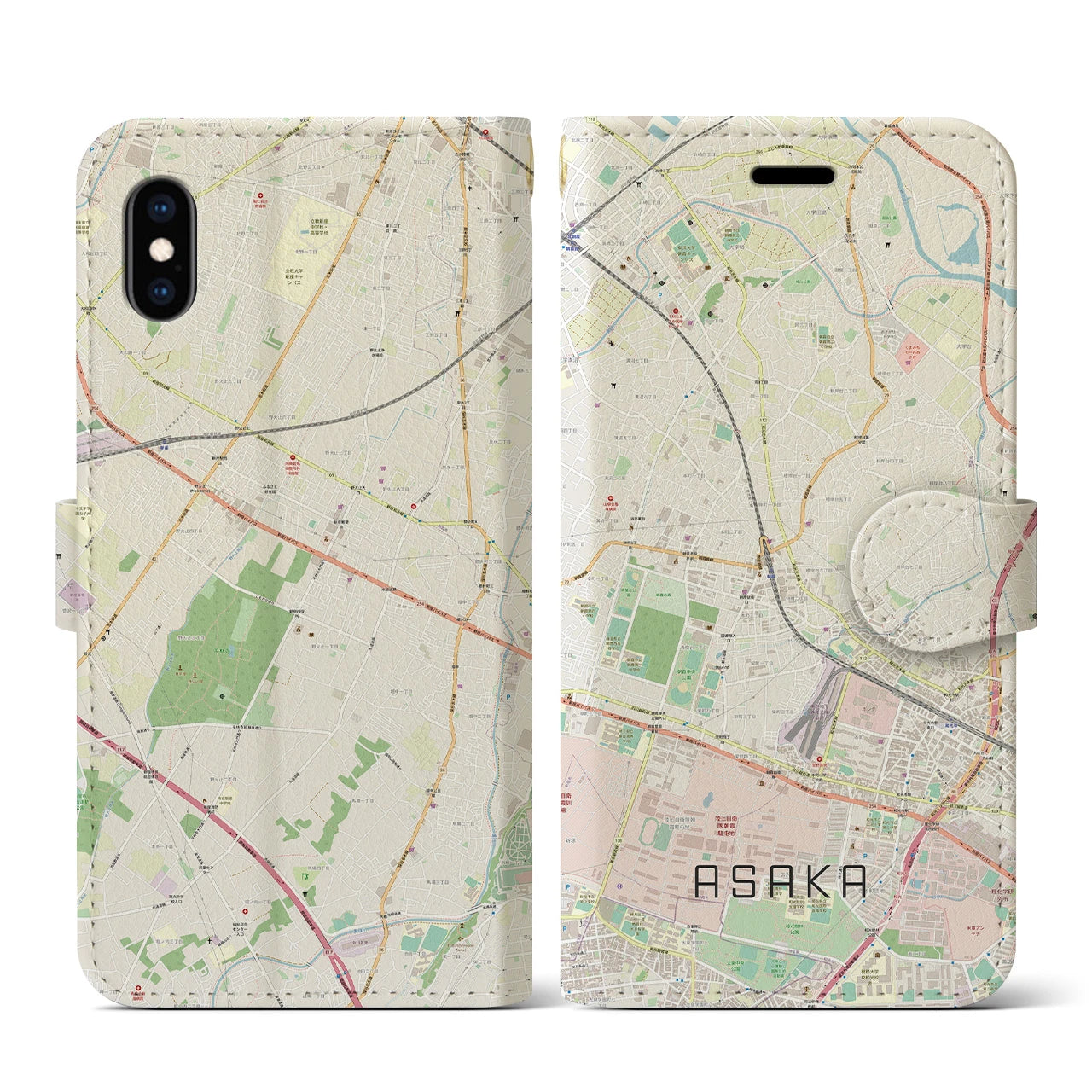 【朝霞(埼玉県)】地図柄iPhoneケース(手帳タイプ)ナチュラル・iPhone XS / X 用