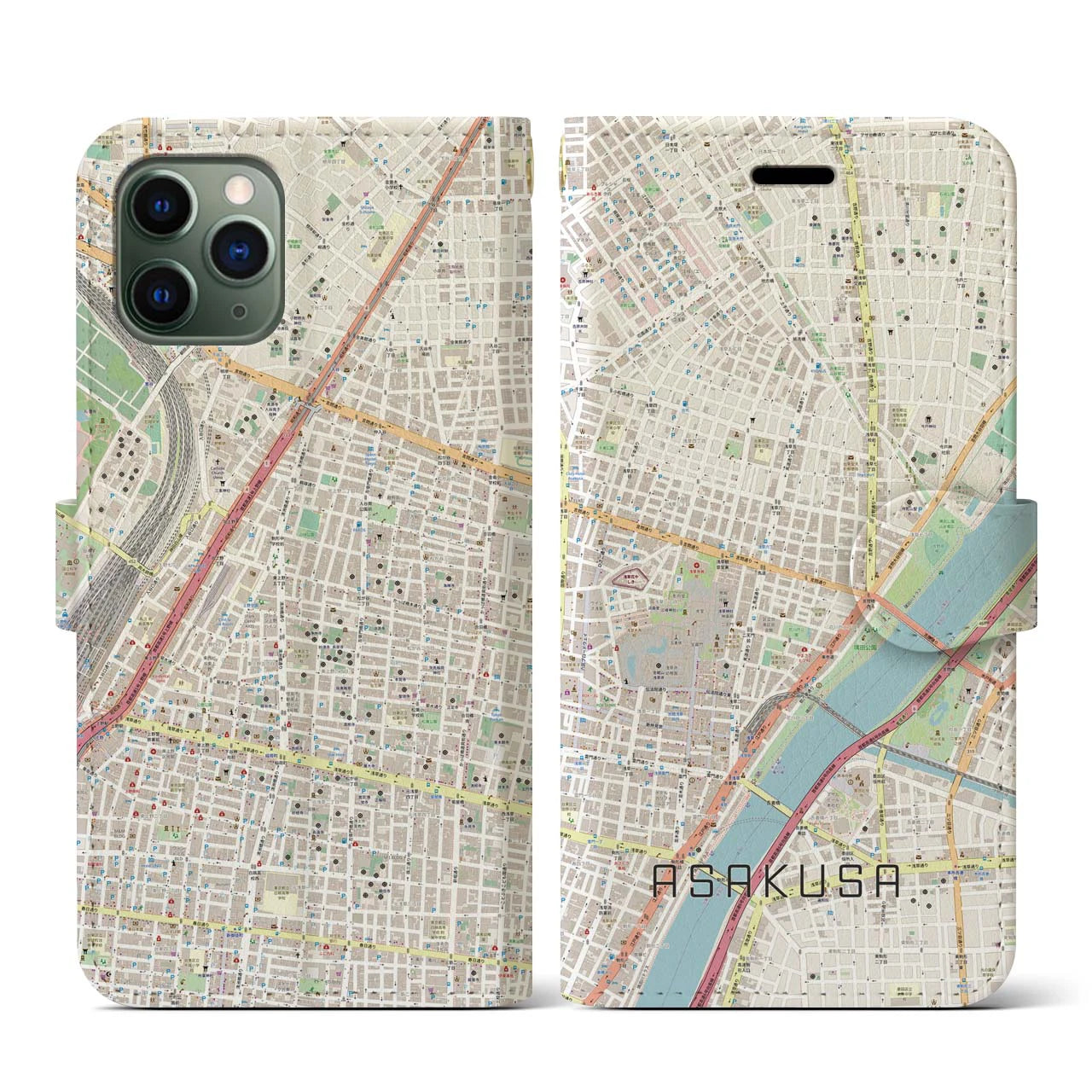 【浅草2(東京都)】地図柄iPhoneケース(手帳タイプ)ナチュラル・iPhone 11 Pro 用