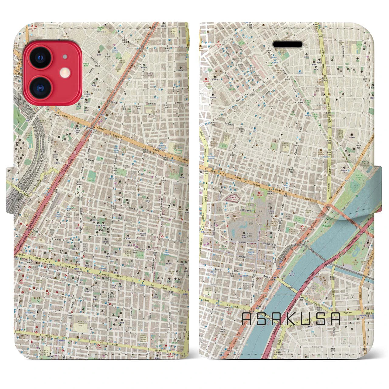 【浅草2(東京都)】地図柄iPhoneケース(手帳タイプ)ナチュラル・iPhone 11 用