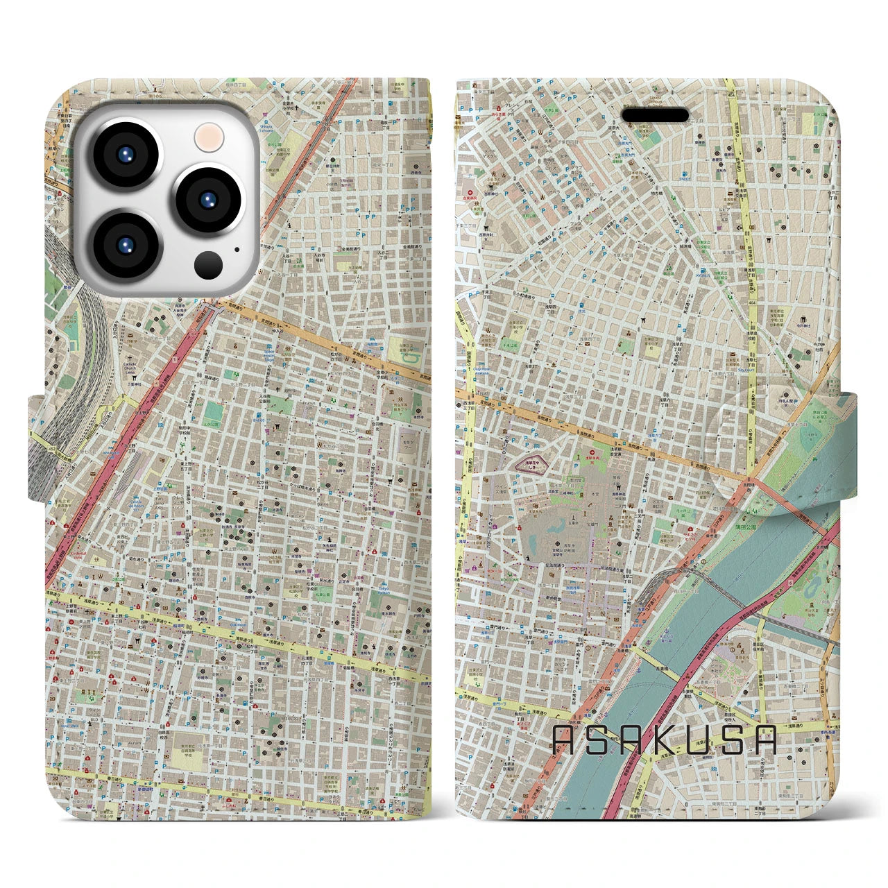 【浅草2(東京都)】地図柄iPhoneケース(手帳タイプ)ナチュラル・iPhone 13 Pro 用