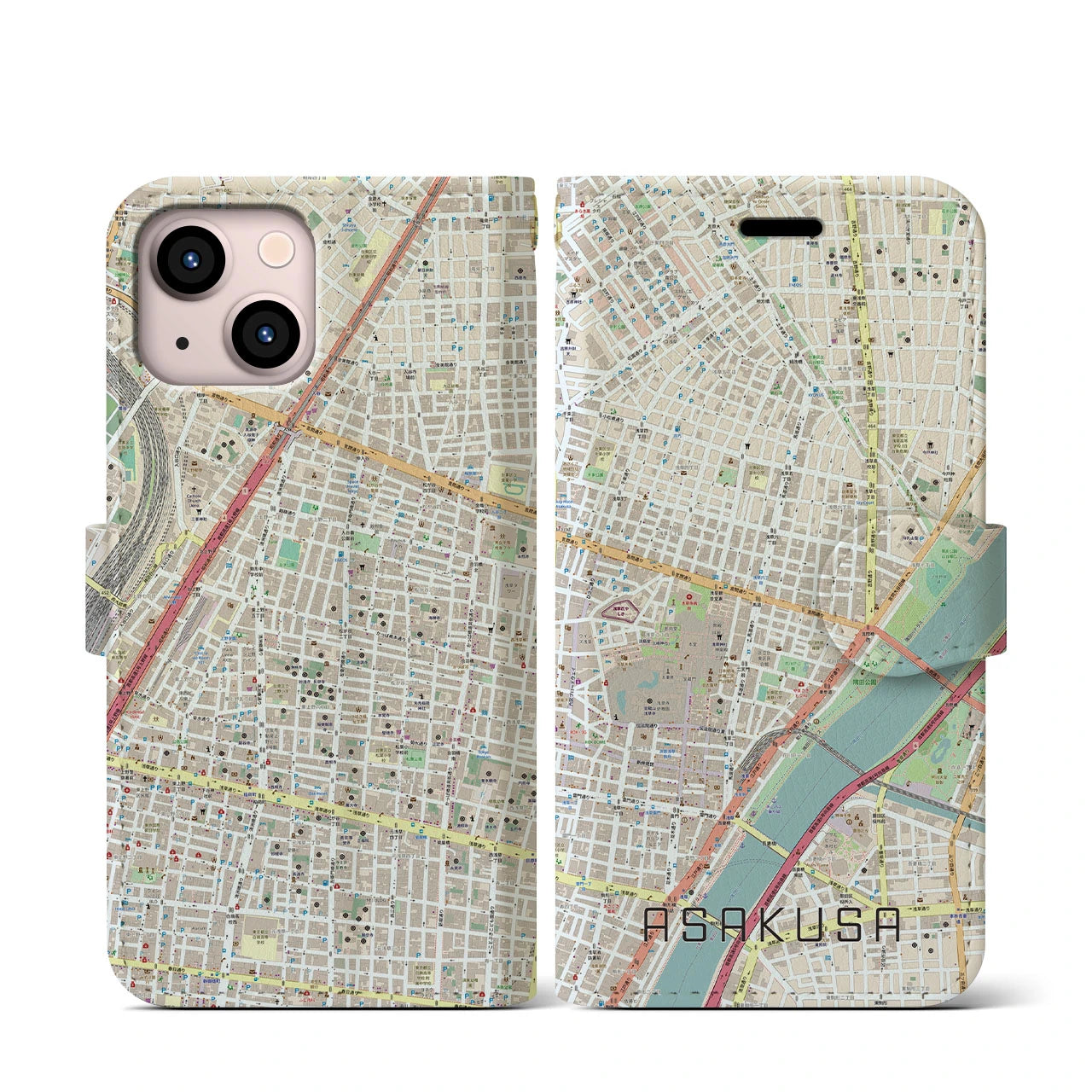 【浅草2(東京都)】地図柄iPhoneケース(手帳タイプ)ナチュラル・iPhone 13 mini 用