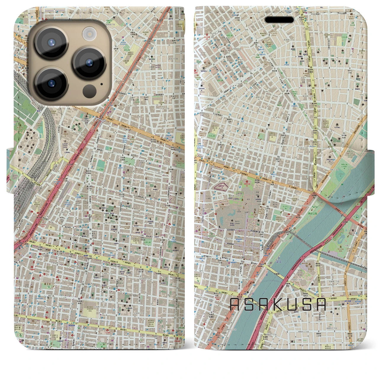 【浅草2(東京都)】地図柄iPhoneケース(手帳タイプ)ナチュラル・iPhone 14 Pro Max 用