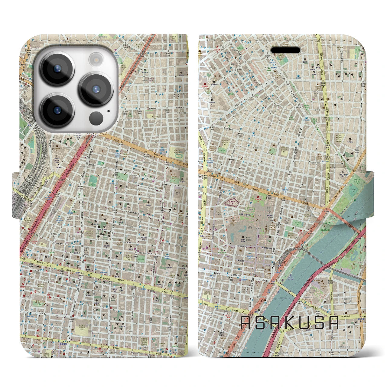 【浅草2(東京都)】地図柄iPhoneケース(手帳タイプ)ナチュラル・iPhone 14 Pro 用
