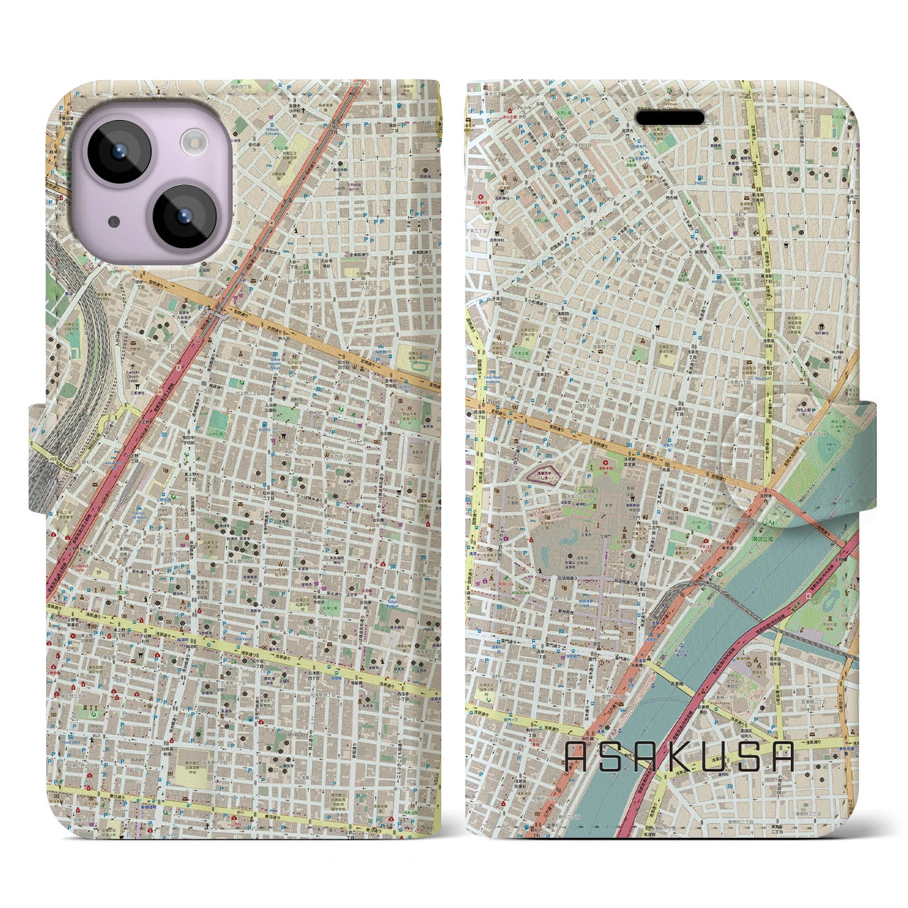 【浅草2(東京都)】地図柄iPhoneケース(手帳タイプ)ナチュラル・iPhone 14 用