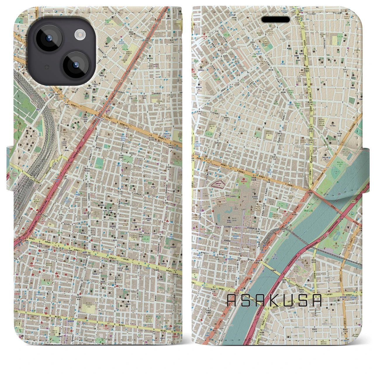 【浅草2(東京都)】地図柄iPhoneケース(手帳タイプ)ナチュラル・iPhone 14 Plus 用