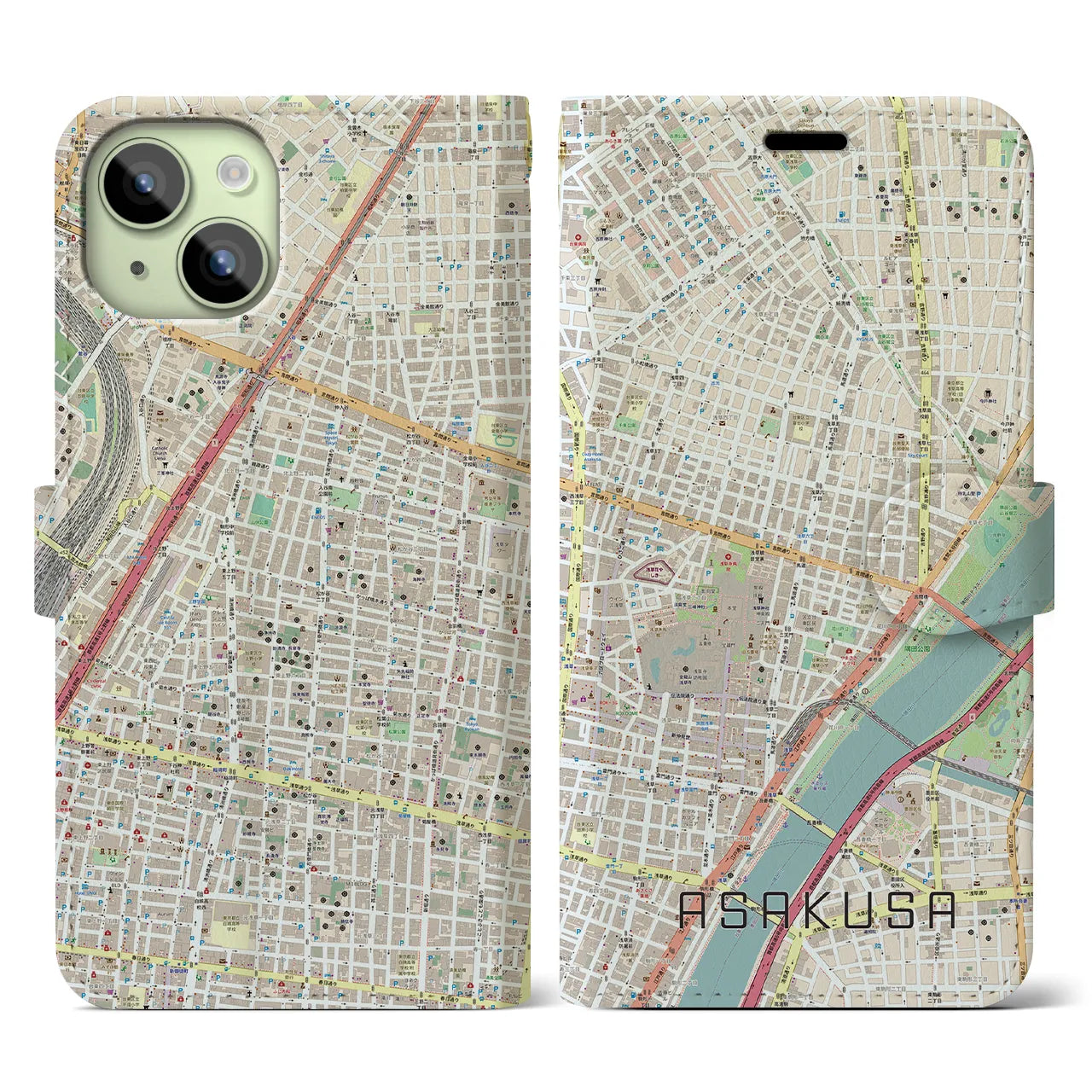 【浅草2(東京都)】地図柄iPhoneケース(手帳タイプ)ナチュラル・iPhone 15 用