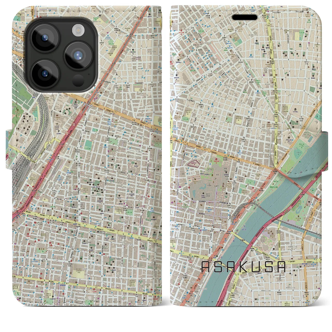 【浅草2(東京都)】地図柄iPhoneケース(手帳タイプ)ナチュラル・iPhone 15 Pro Max 用