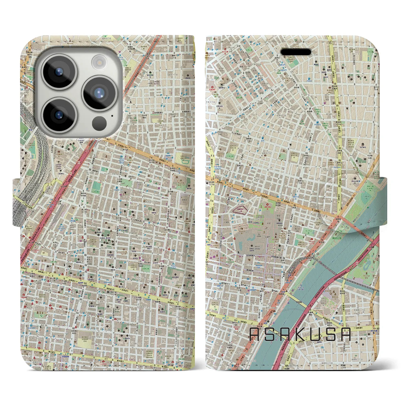 【浅草2(東京都)】地図柄iPhoneケース(手帳タイプ)ナチュラル・iPhone 15 Pro 用