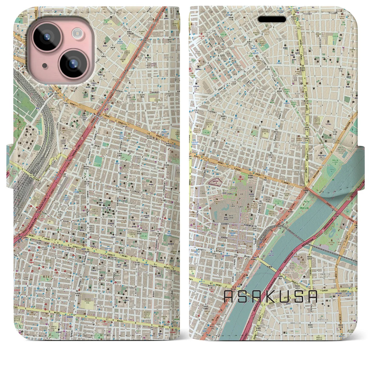 【浅草2(東京都)】地図柄iPhoneケース(手帳タイプ)ナチュラル・iPhone 15 Plus 用