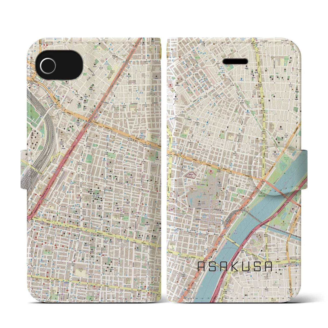 【浅草2(東京都)】地図柄iPhoneケース(手帳タイプ)ナチュラル・iPhone SE(第3 / 第2世代) / 8 / 7 / 6s / 6 用