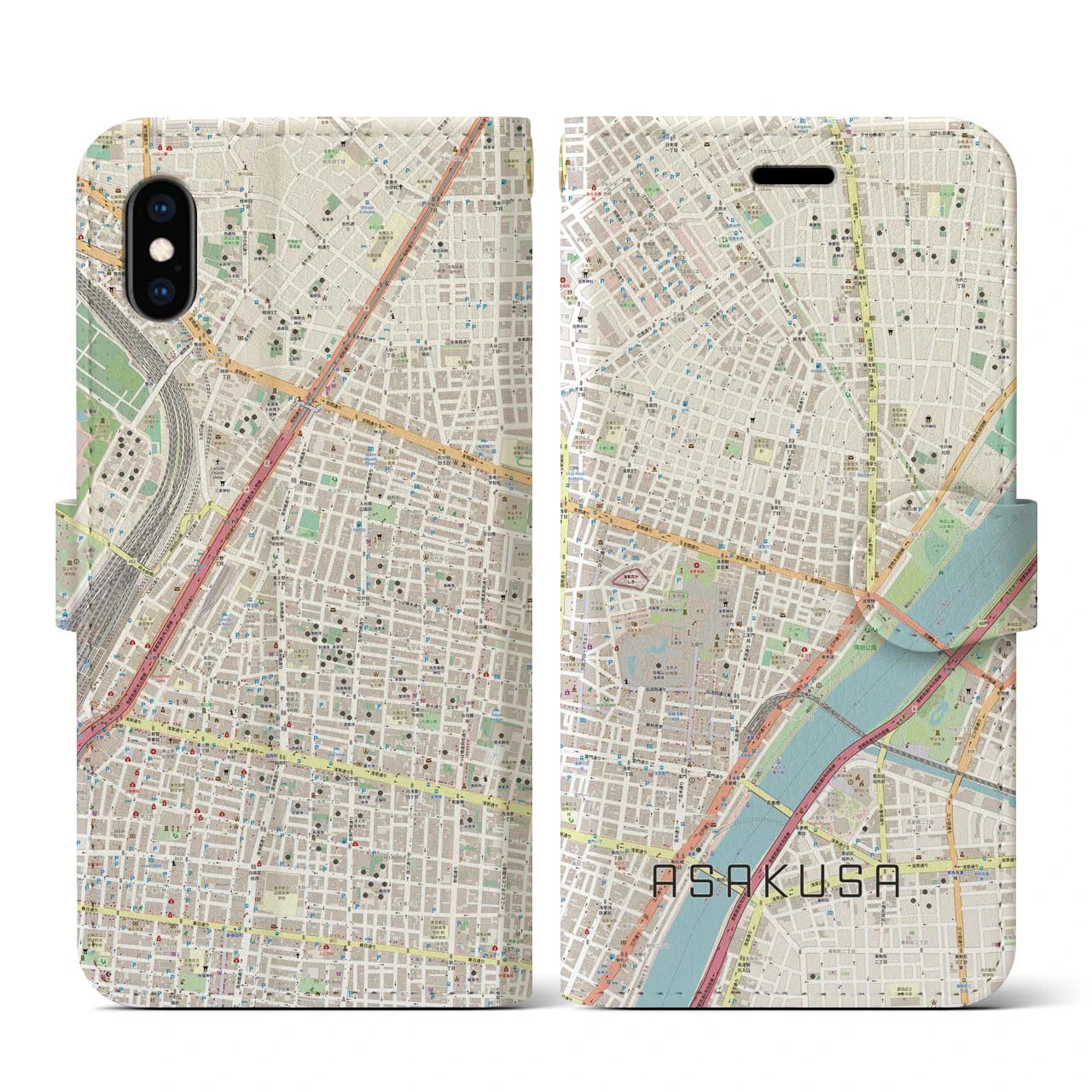 【浅草2(東京都)】地図柄iPhoneケース(手帳タイプ)ナチュラル・iPhone XS / X 用