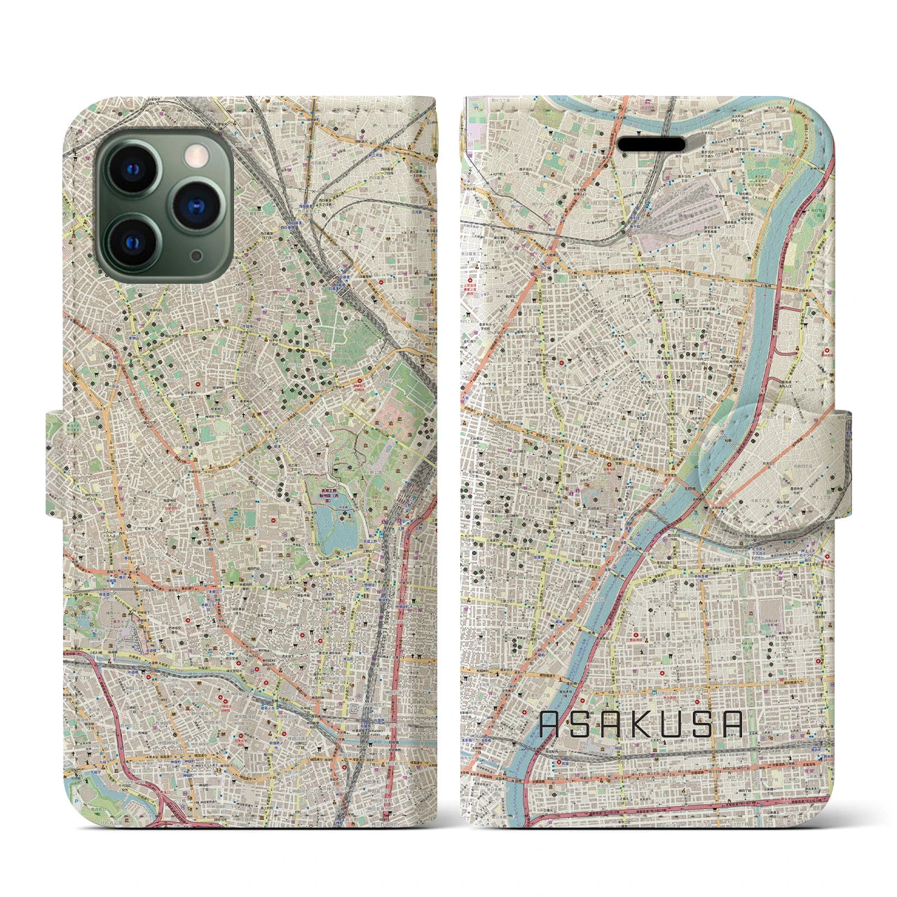 【浅草(東京都)】地図柄iPhoneケース(手帳タイプ)ナチュラル・iPhone 11 Pro 用