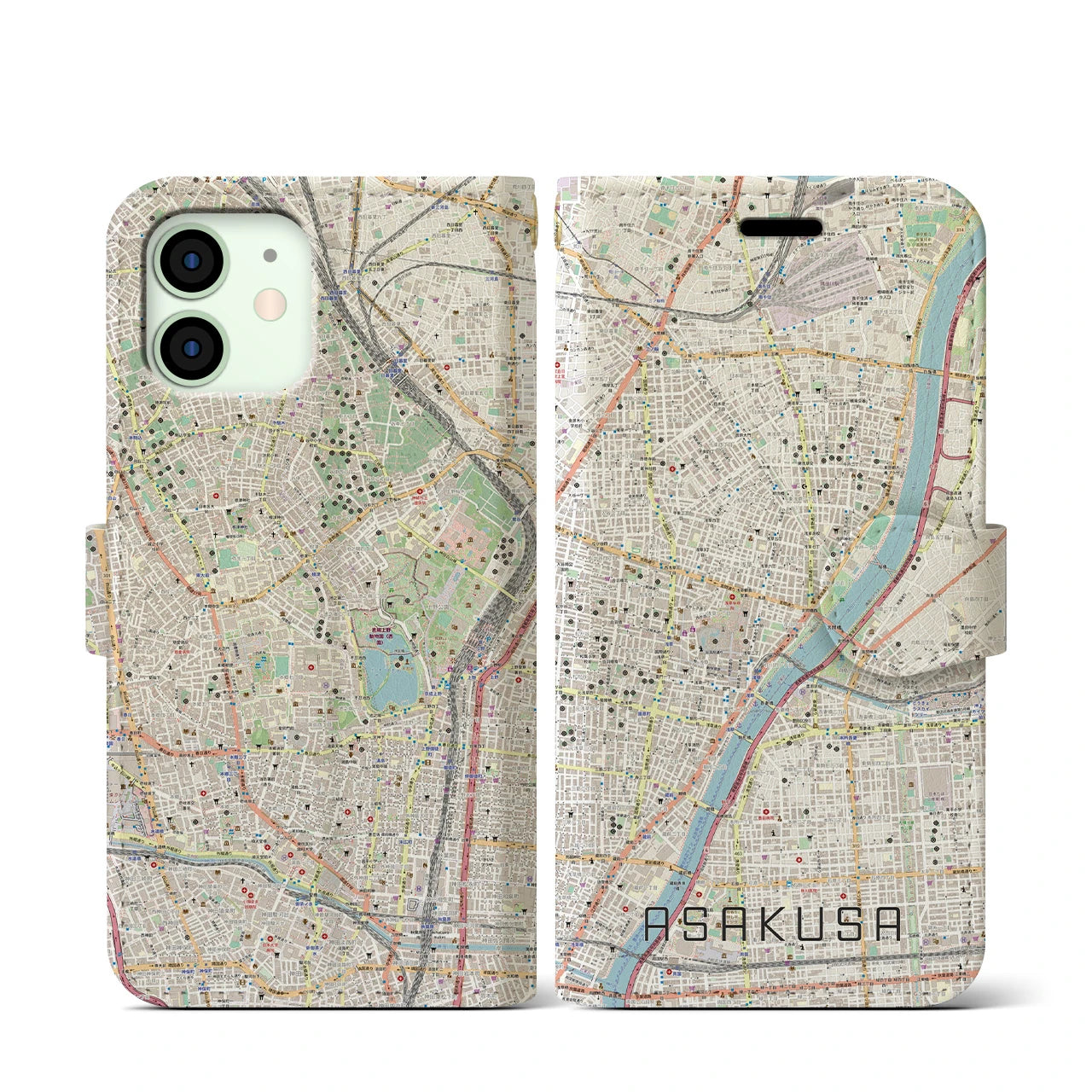 【浅草(東京都)】地図柄iPhoneケース(手帳タイプ)ナチュラル・iPhone 12 mini 用