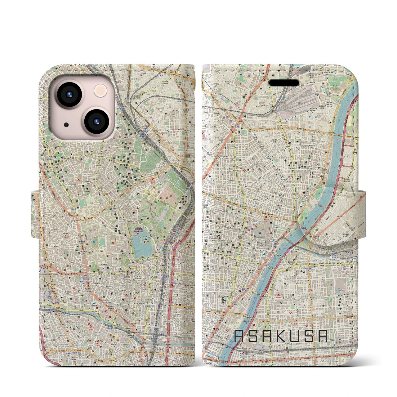 【浅草(東京都)】地図柄iPhoneケース(手帳タイプ)ナチュラル・iPhone 13 mini 用