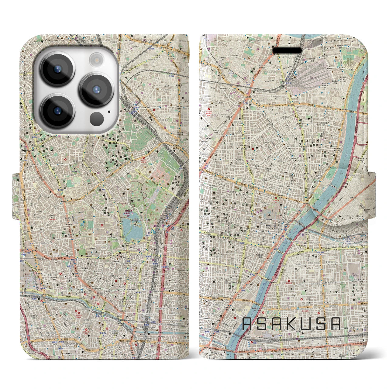 【浅草(東京都)】地図柄iPhoneケース(手帳タイプ)ナチュラル・iPhone 14 Pro 用