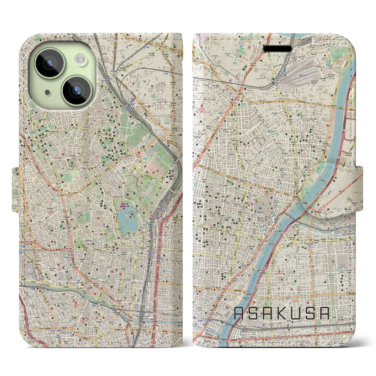 【浅草(東京都)】地図柄iPhoneケース(手帳タイプ)ナチュラル・iPhone 15 用
