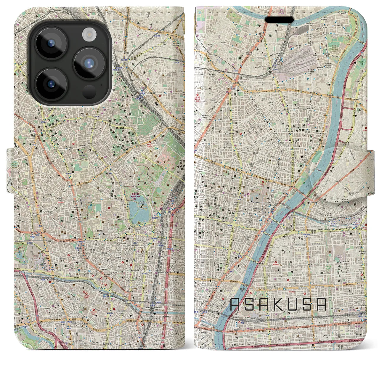 【浅草(東京都)】地図柄iPhoneケース(手帳タイプ)ナチュラル・iPhone 15 Pro Max 用