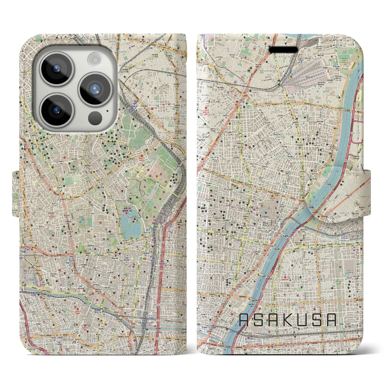 【浅草(東京都)】地図柄iPhoneケース(手帳タイプ)ナチュラル・iPhone 15 Pro 用