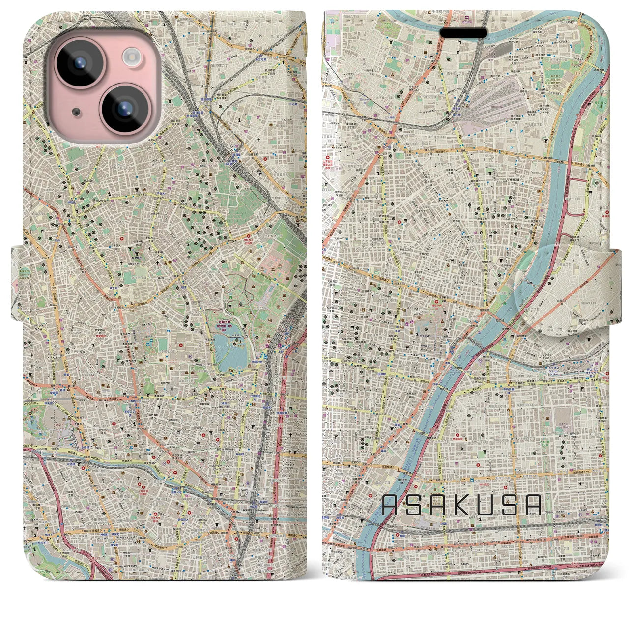 【浅草(東京都)】地図柄iPhoneケース(手帳タイプ)ナチュラル・iPhone 15 Plus 用