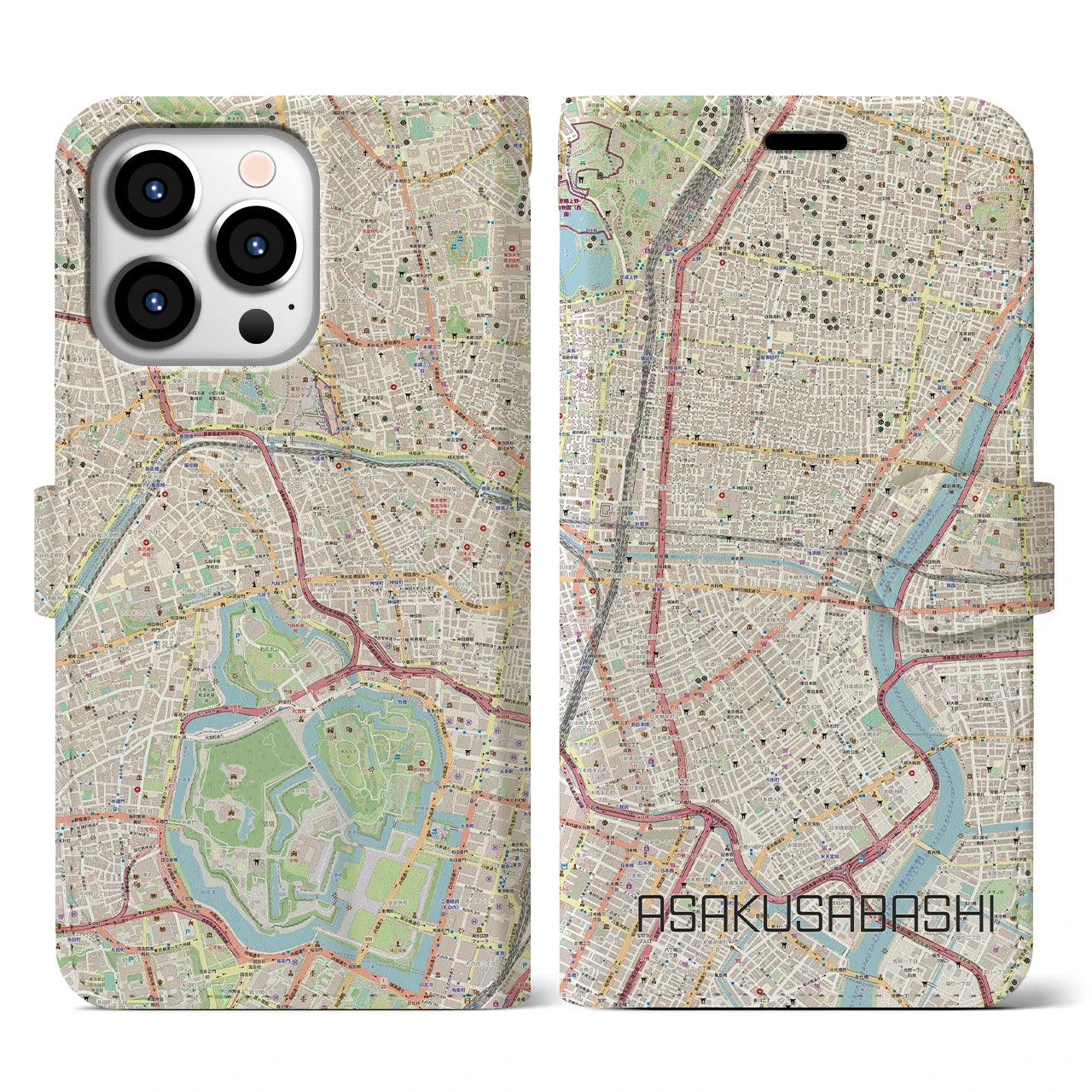 【浅草橋(東京都)】地図柄iPhoneケース(手帳タイプ)ナチュラル・iPhone 13 Pro 用