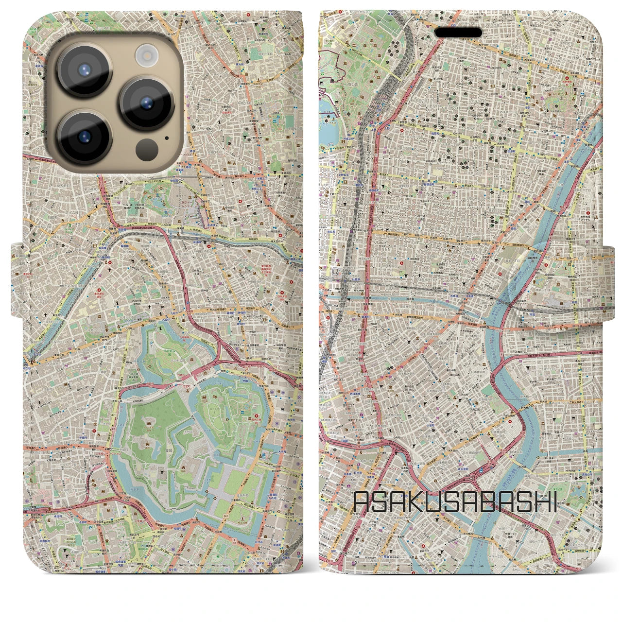 【浅草橋(東京都)】地図柄iPhoneケース(手帳タイプ)ナチュラル・iPhone 14 Pro Max 用