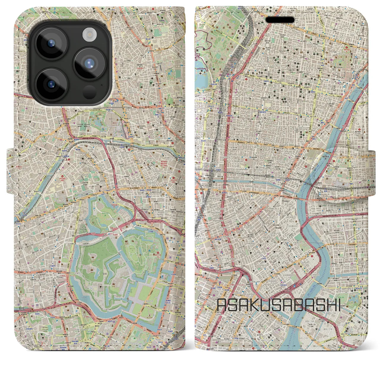 【浅草橋(東京都)】地図柄iPhoneケース(手帳タイプ)ナチュラル・iPhone 15 Pro Max 用