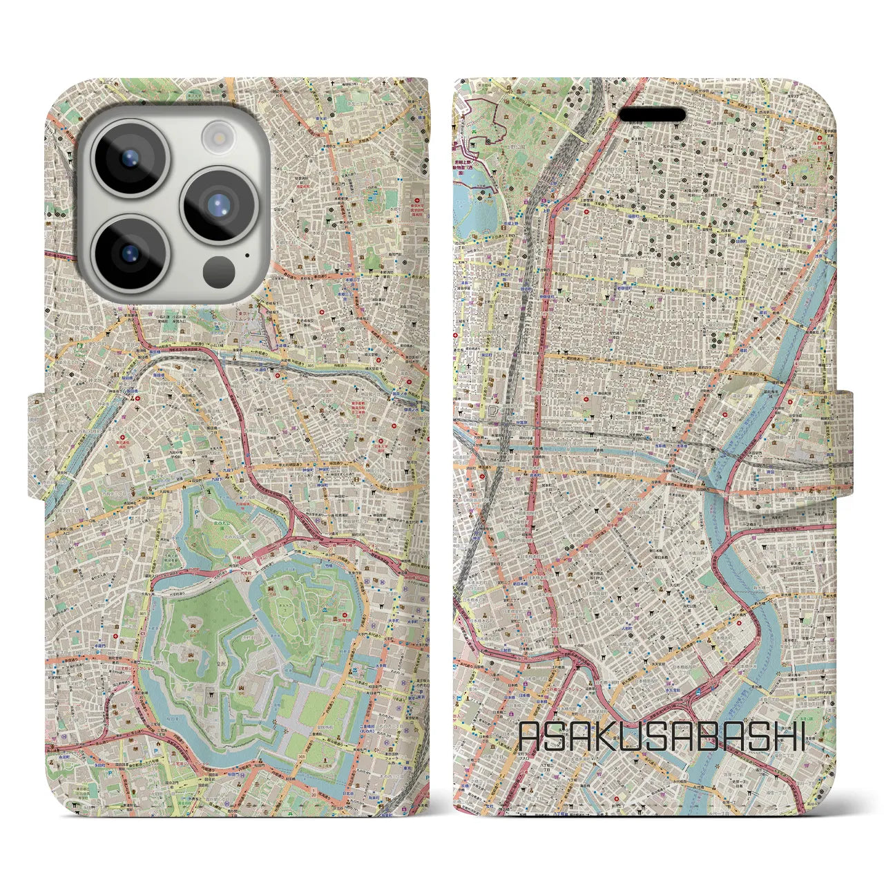 【浅草橋(東京都)】地図柄iPhoneケース(手帳タイプ)ナチュラル・iPhone 15 Pro 用