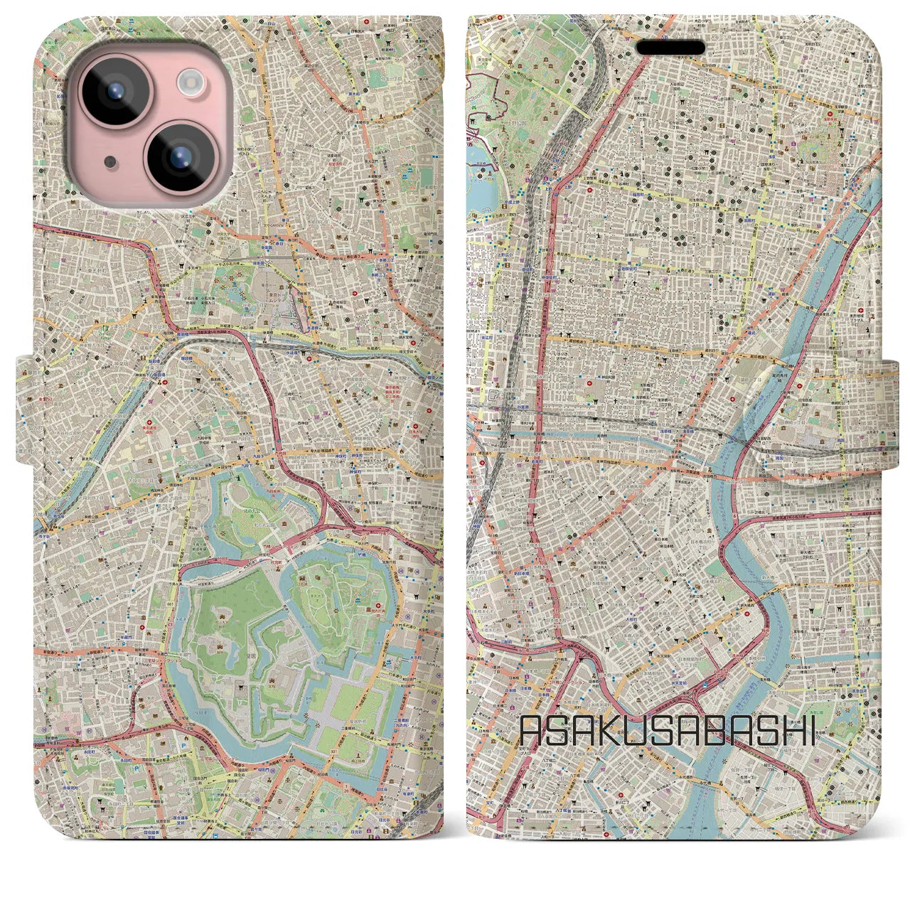 【浅草橋(東京都)】地図柄iPhoneケース(手帳タイプ)ナチュラル・iPhone 15 Plus 用