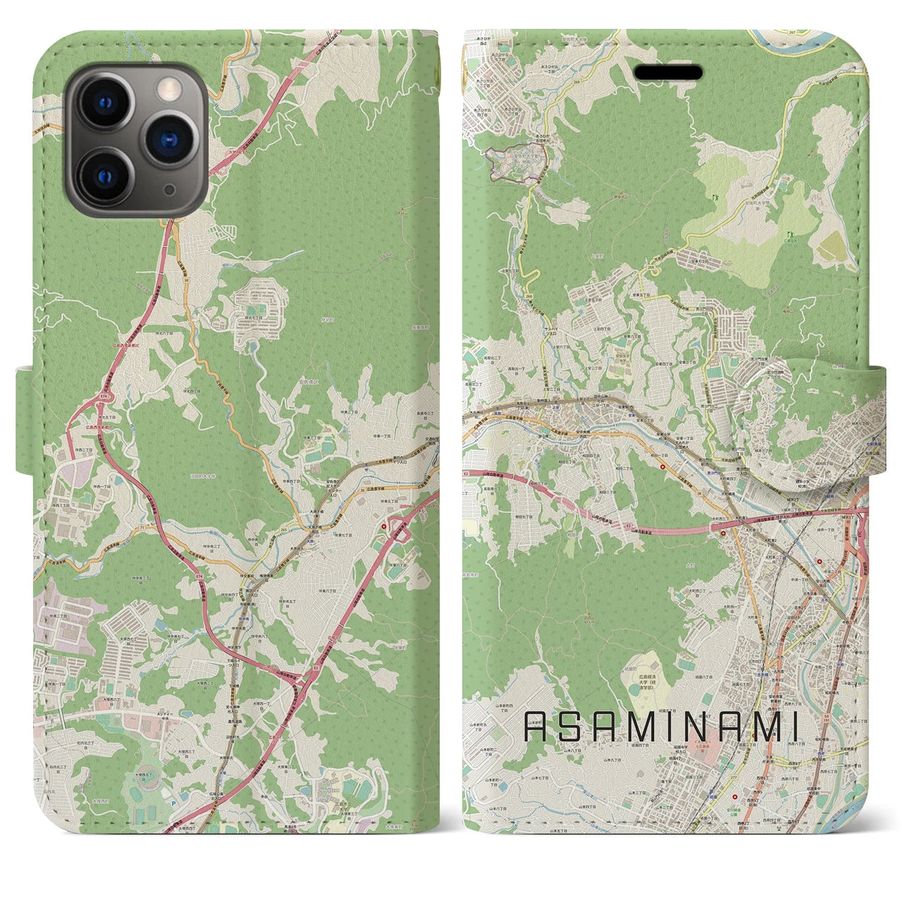 【安佐南(広島県)】地図柄iPhoneケース(手帳タイプ)ナチュラル・iPhone 11 Pro Max 用