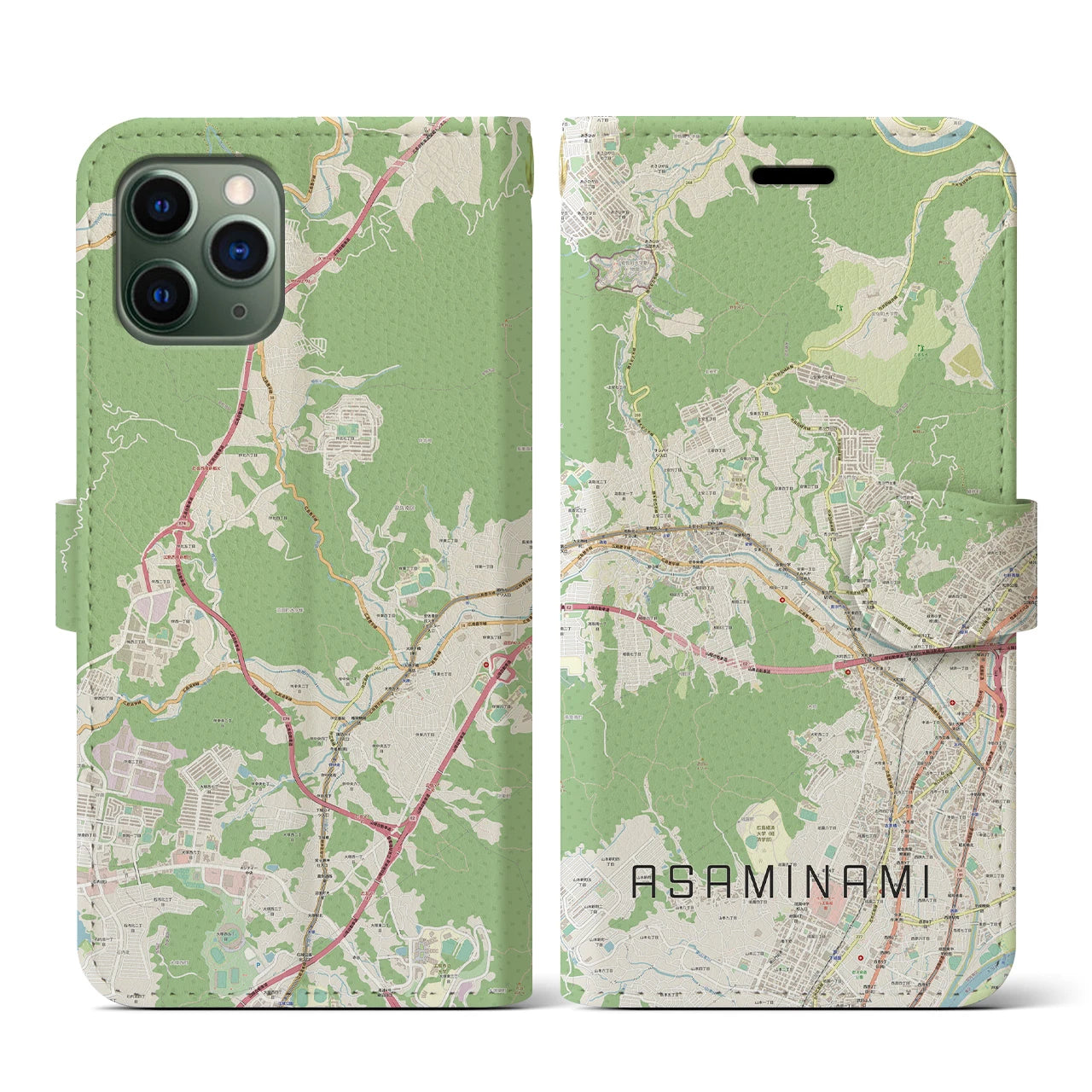 【安佐南(広島県)】地図柄iPhoneケース(手帳タイプ)ナチュラル・iPhone 11 Pro 用