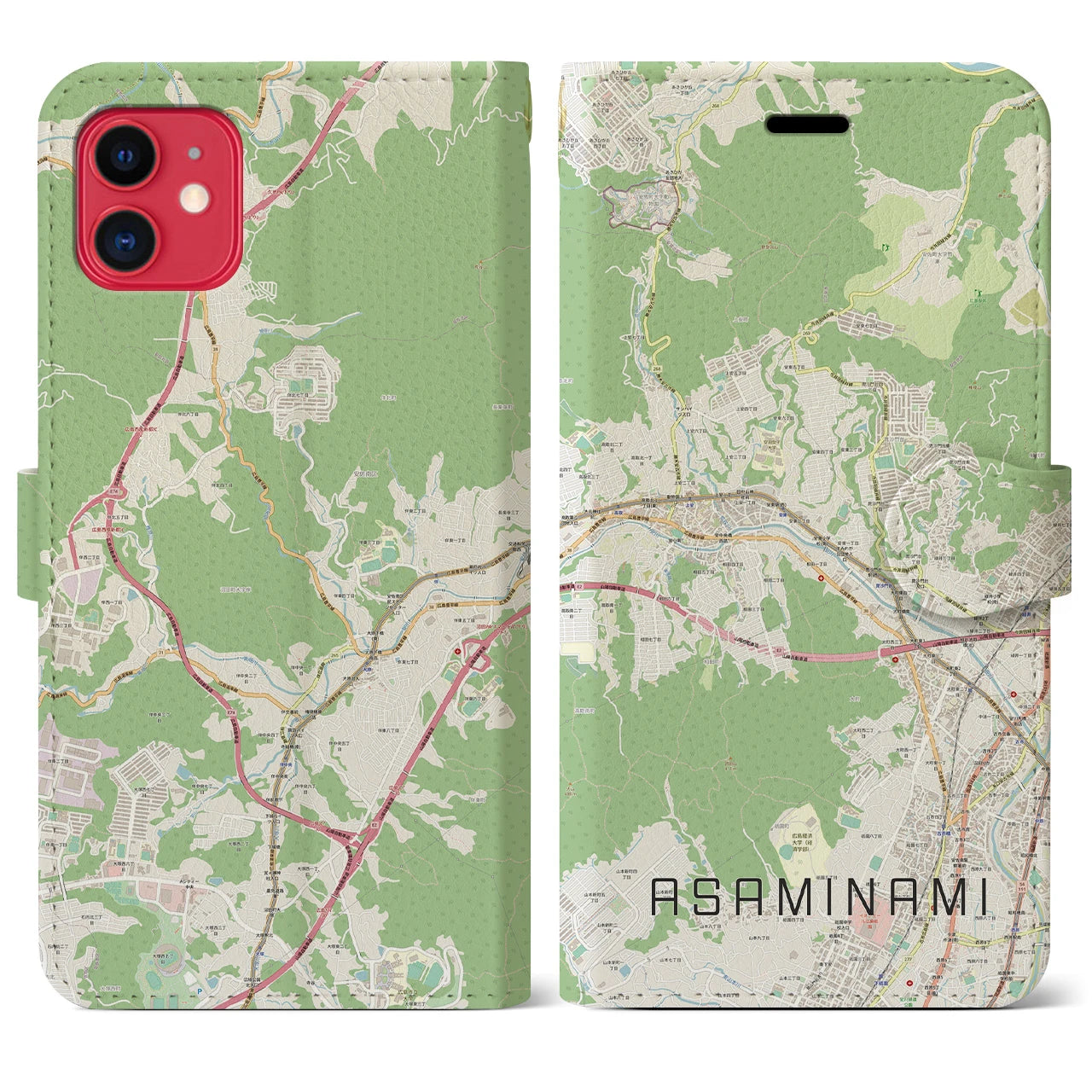 【安佐南(広島県)】地図柄iPhoneケース(手帳タイプ)ナチュラル・iPhone 11 用