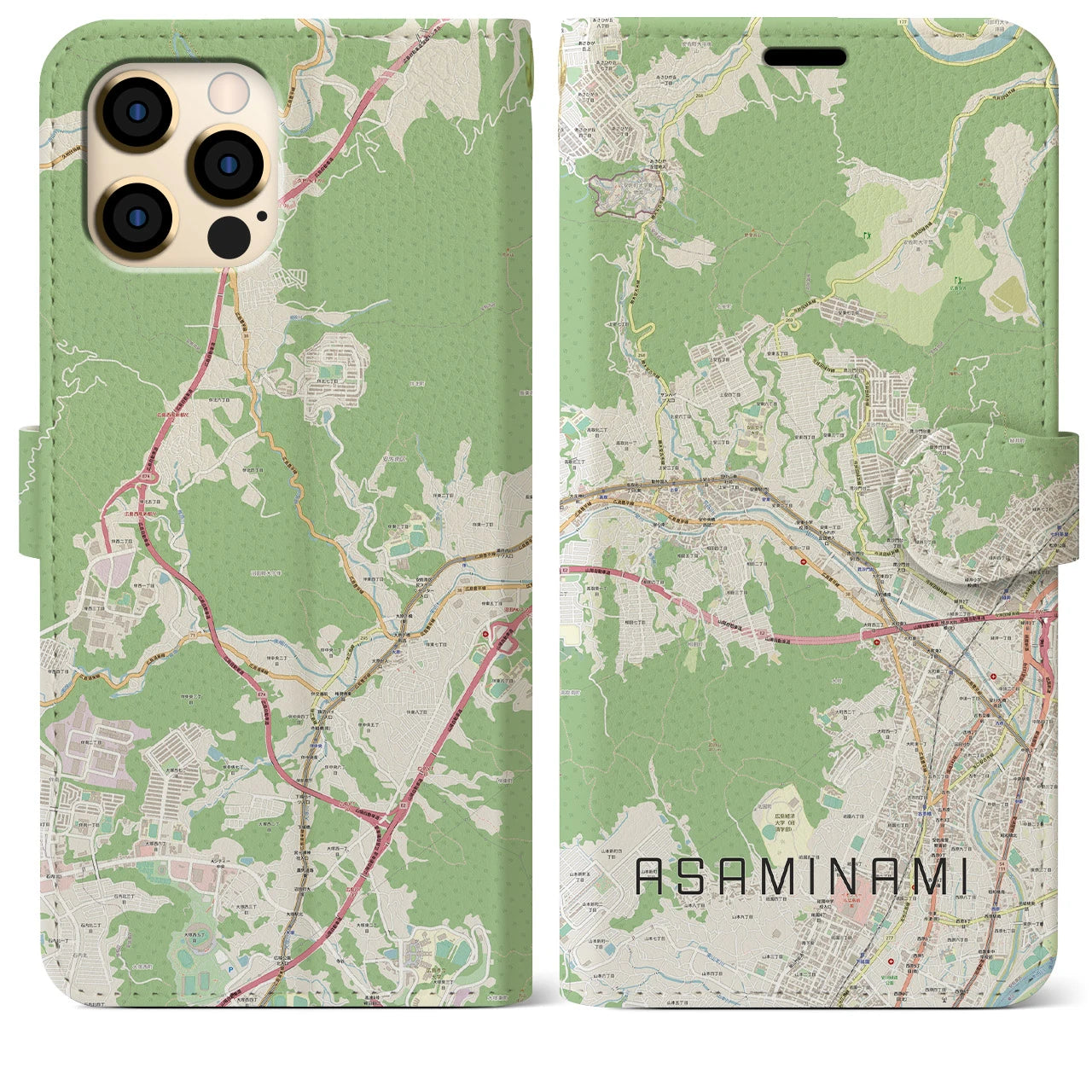 【安佐南(広島県)】地図柄iPhoneケース(手帳タイプ)ナチュラル・iPhone 12 Pro Max 用