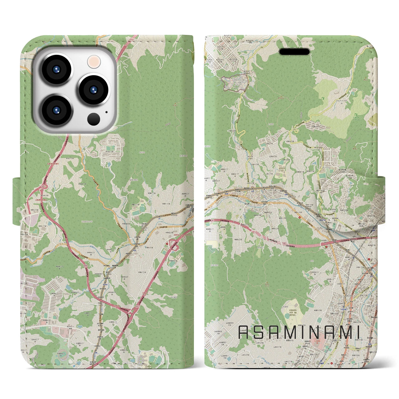 【安佐南(広島県)】地図柄iPhoneケース(手帳タイプ)ナチュラル・iPhone 13 Pro 用